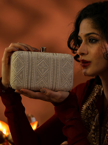 Regal Charm Embroidered Box Clutch with Geometric Detailing and Crystal Clasp