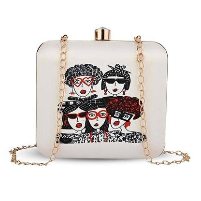 Squad Goals Women's Designer Clutch Bag – Quirky Printed Box Purse with Detachable Sling | Trendy Party Handbag for Girls & Women