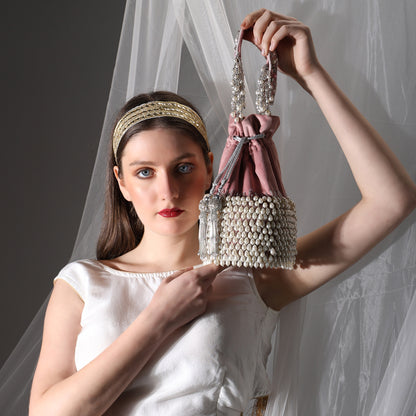Rosette Blush Pink Velvet Potli Bag for Women | Handcrafted Pearl Embellished Bridal & Party Purse