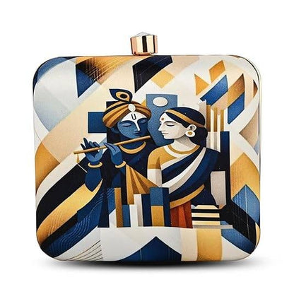 Divine Love Designer Clutch for Women – Radha Krishna Printed Sling Bag | Ethnic Fusion Party Purse | Artistic Hardcase Handbag