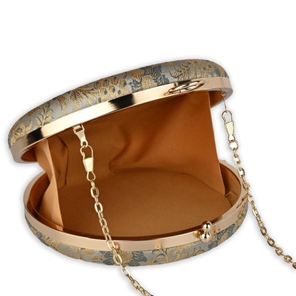 Heritage Luxe Round Floral Embroidered Clutch with Metallic Accents