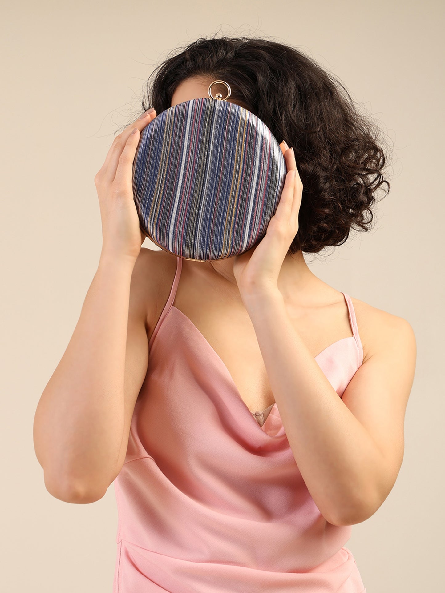 Galaxy Glow Round Statement Clutch with Metallic Chain & Ring Handle