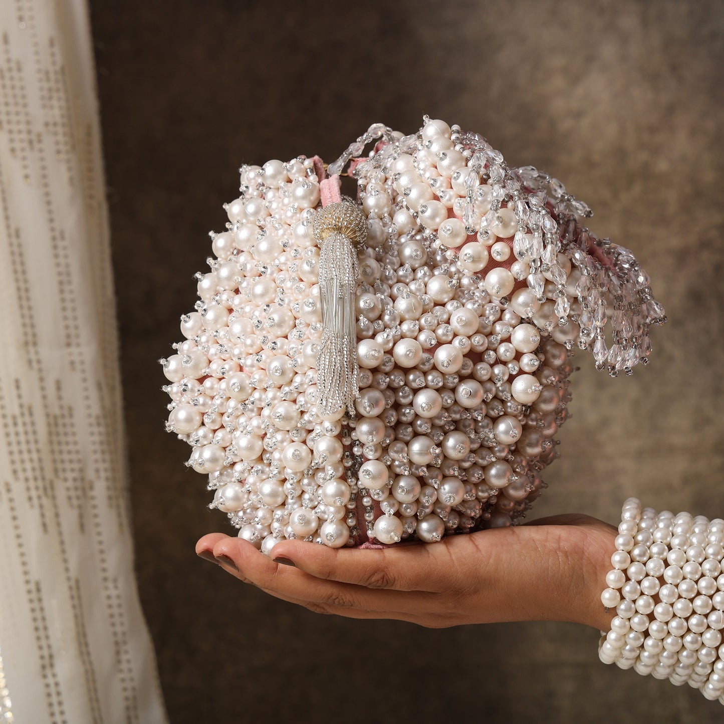 Pearl Majesty Luxurious Hand-Embellished Potli Bag with Exquisite Pearl & Crystal Detailing