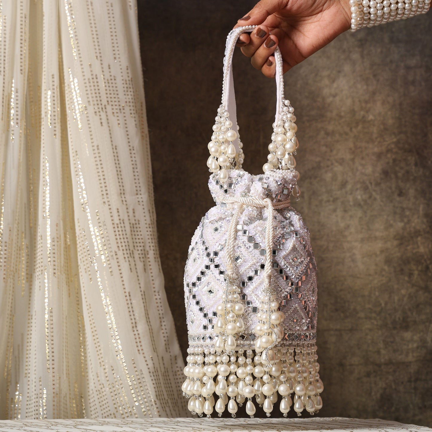 Motiya Potli Exquisite Hand-Embellished Potli Bag with Intricate Bead & Mirror Detailing