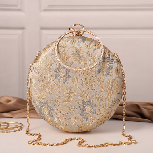 Heritage Luxe Round Floral Embroidered Clutch with Metallic Accents
