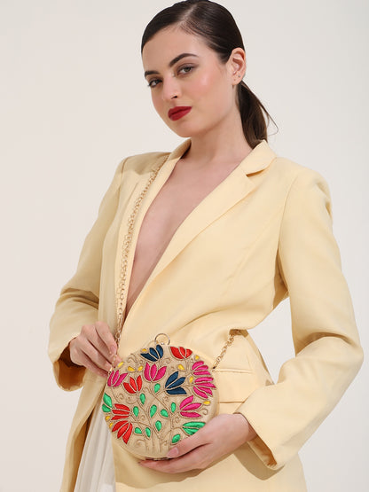 Flora Charm Clutch Purse for Women Floral Embroidered Evening Clutches Handbags Crossbody Bag for Wedding Round Purse Bag