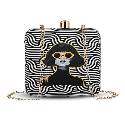Bold Vibes Women's Designer Clutch Bag – Quirky Printed Box Purse with Detachable Sling | Trendy Party Handbag for Girls & Women