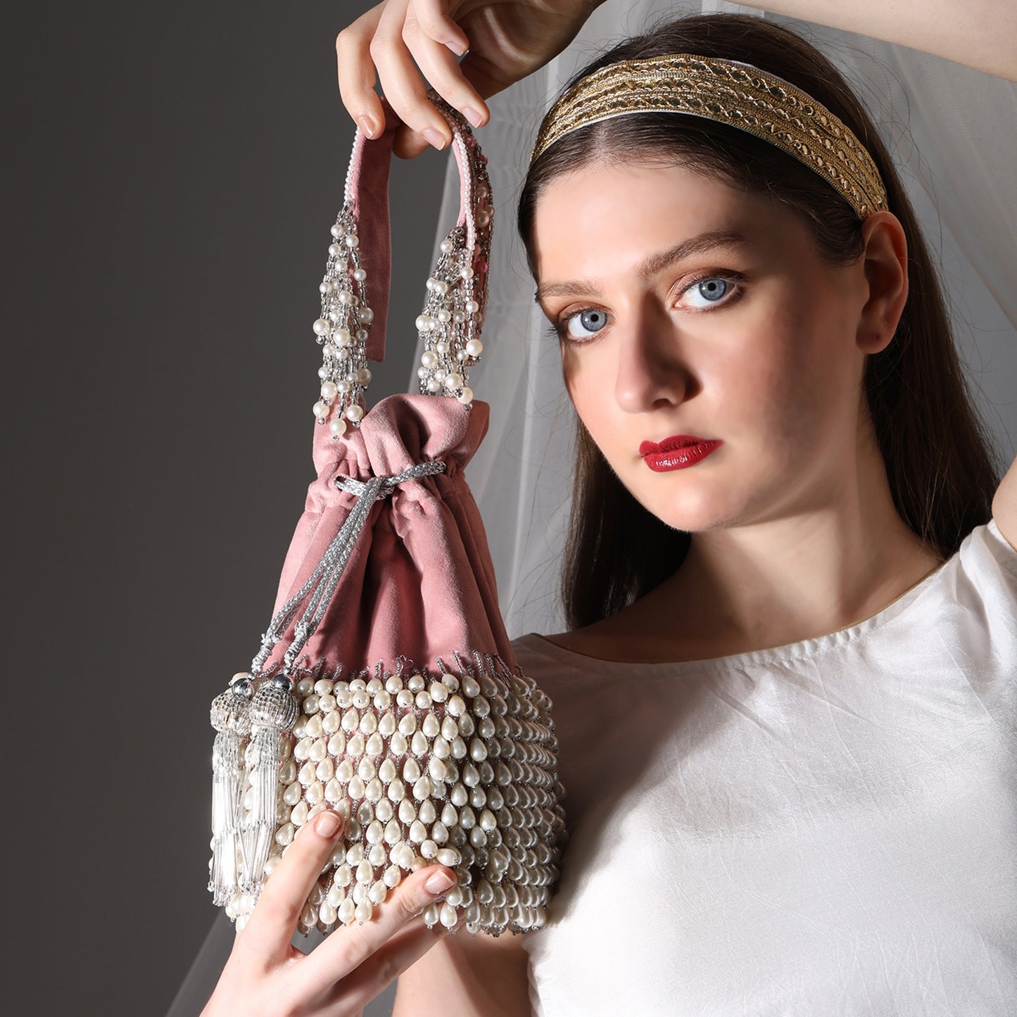 Rosette Blush Pink Velvet Potli Bag for Women | Handcrafted Pearl Embellished Bridal & Party Purse