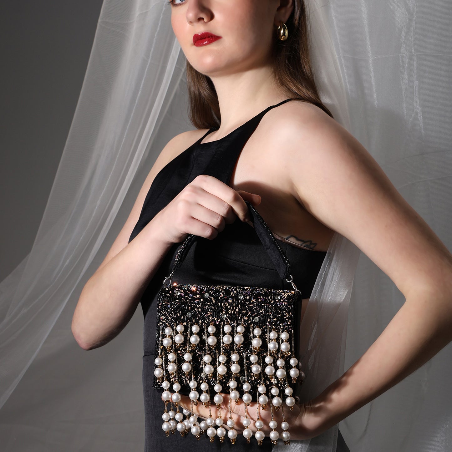 Pearl Cascade – Handcrafted Beaded Flap Bag with Hanging Pearls | Designer Evening Bag for Women
