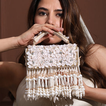 Phoolon Ki Rani Floral Flap Bag with Pearls & Gold Chain | Designer Bridal Flap Bag for Women