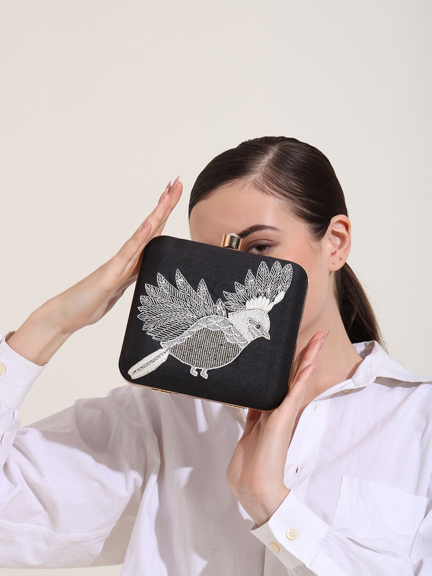 Silver Wings Women's Box Clutch Purse Bag with sling chain