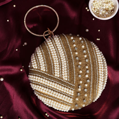 Noorika Handcrafted Round Pearl Clutch with Crystal Embellishments