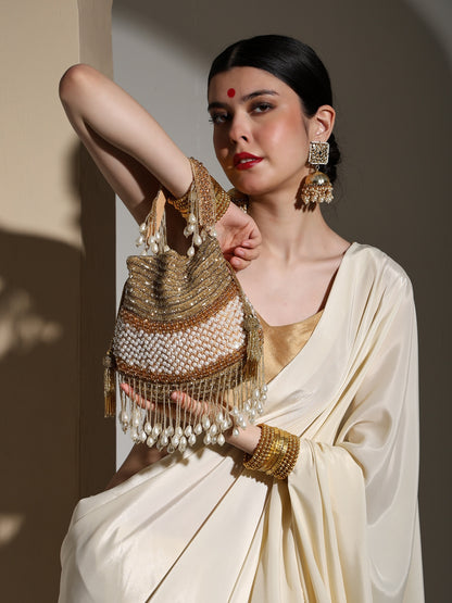 Gold Gleam Handcrafted Potli Bag with Pearl Tassels for Women
