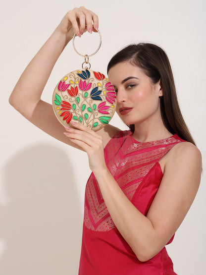 Flora Charm Clutch Purse for Women Floral Embroidered Evening Clutches Handbags Crossbody Bag for Wedding Round Purse Bag