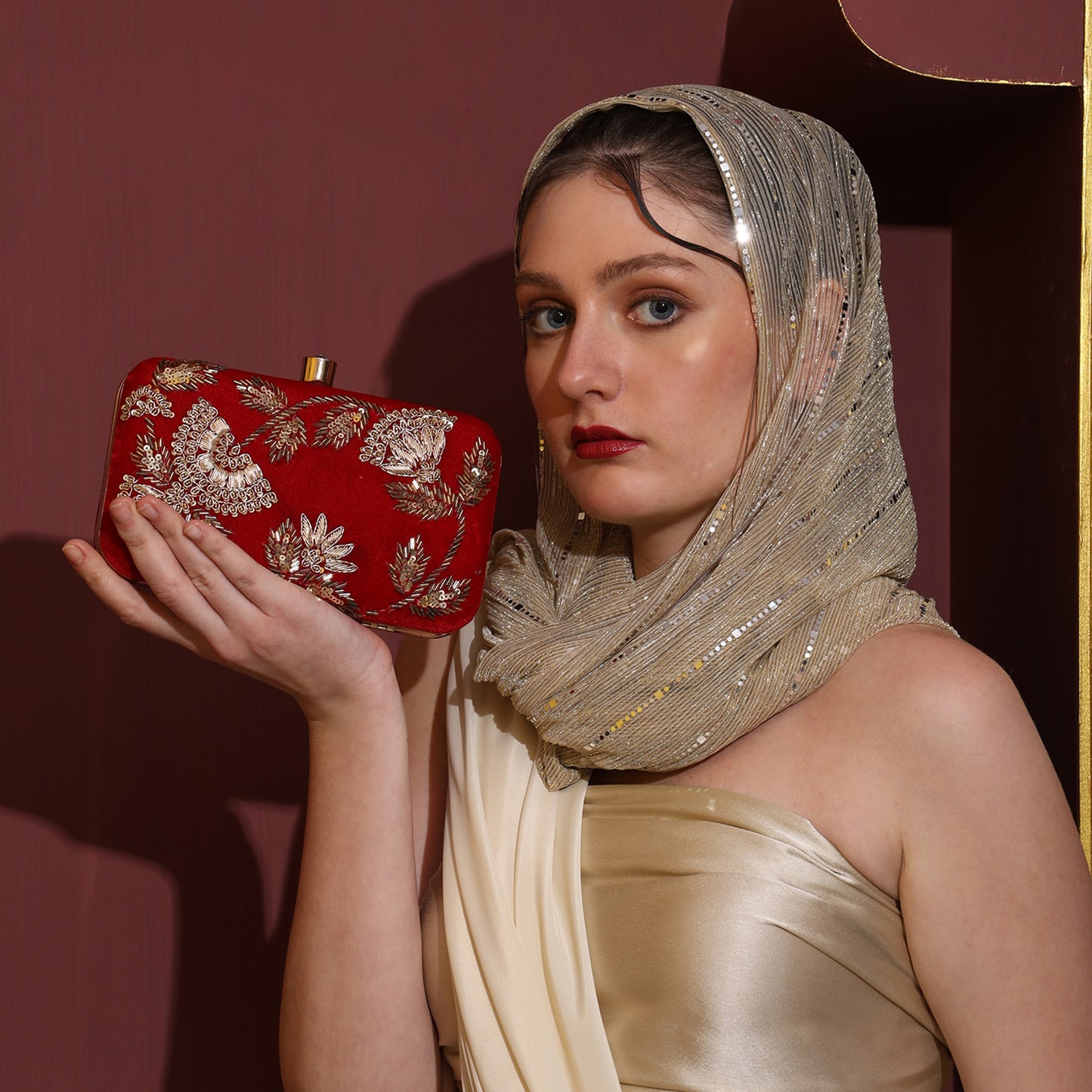 Noorani Red Velvet Embroidered Clutch – Handcrafted Ethnic Partywear Box Bag with Zari Work