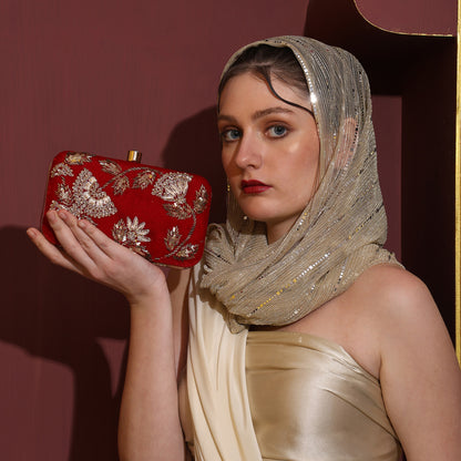 Noorani Red Velvet Embroidered Clutch – Handcrafted Ethnic Partywear Box Bag with Zari Work
