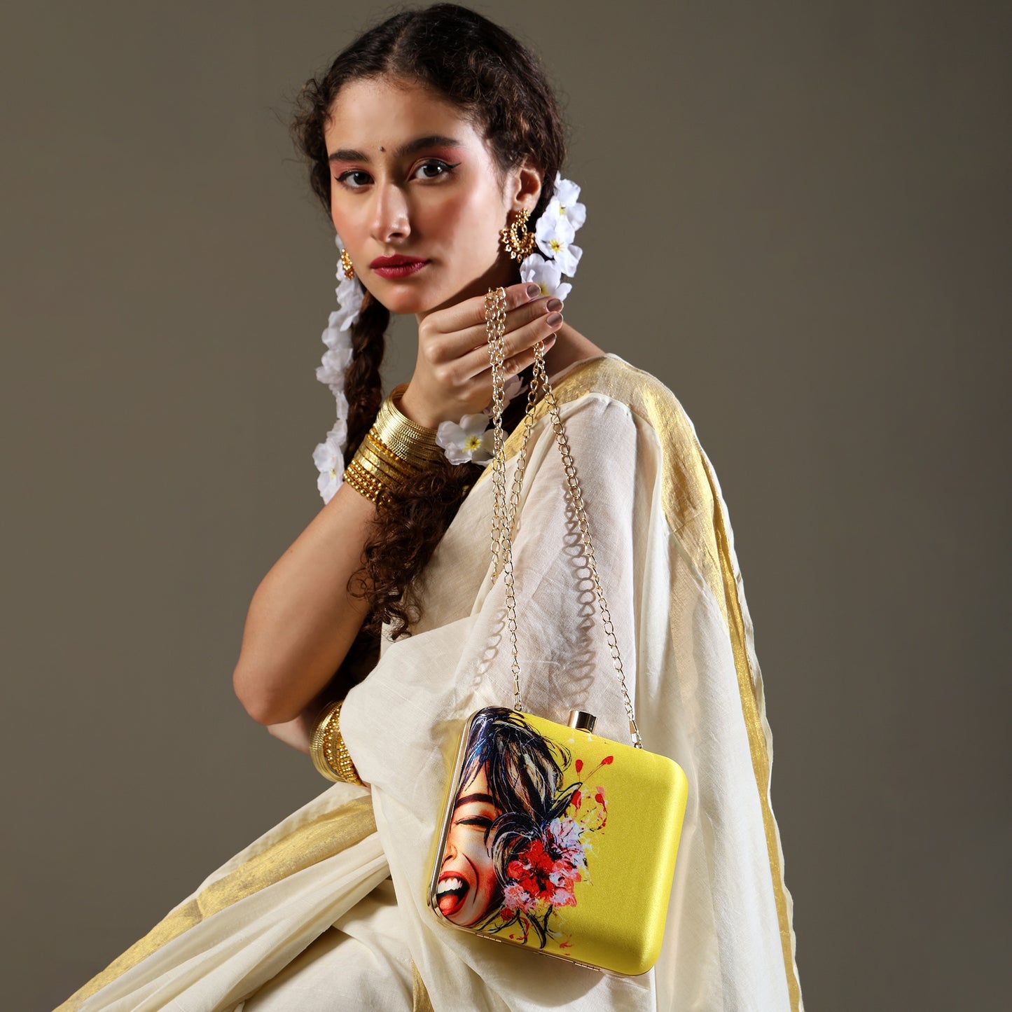 Zehar Laughter – Vibrant Yellow Clutch with Artistic Joy