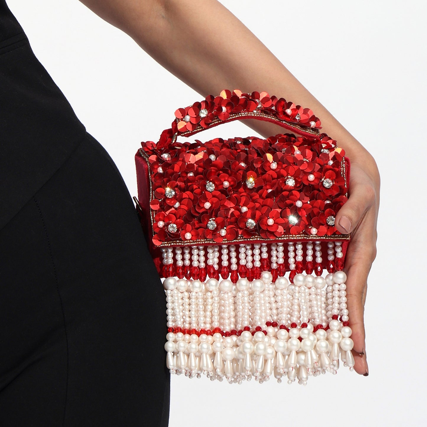 Phoolon Ki Rani Floral Flap Bag with Pearls & Gold Chain | Designer Bridal Flap Bag for Women
