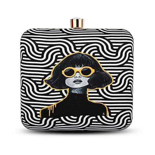Bold Vibes Women's Designer Clutch Bag – Quirky Printed Box Purse with Detachable Sling | Trendy Party Handbag for Girls & Women