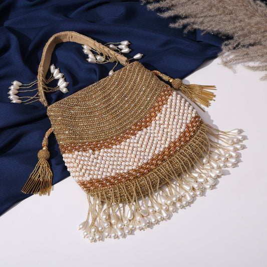 Gold Gleam Handcrafted Potli Bag with Pearl Tassels for Women