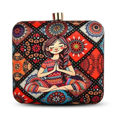 Namaste Vibes Women's Designer Clutch Bag – Quirky Printed Box Purse with Detachable Sling | Trendy Party Handbag for Girls & Women