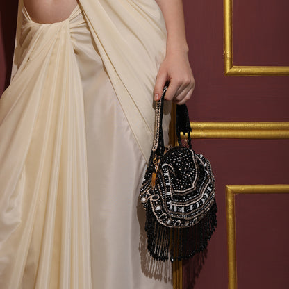 Bead Blush Batua Bag – Black & Pearl Beaded Clutch with Fringe & Detachable Handle