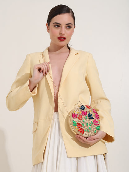 Flora Charm Clutch Purse for Women Floral Embroidered Evening Clutches Handbags Crossbody Bag for Wedding Round Purse Bag