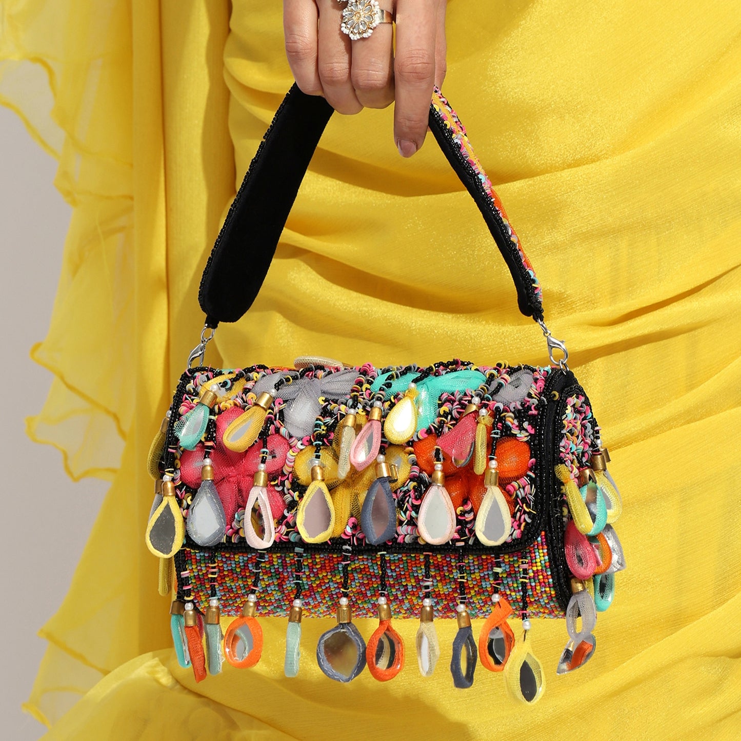 Banjara Beats – Multicolor Handcrafted Flap Bag | Boho-Chic Embellished Clutch with Fabric Drops & Beaded Handle