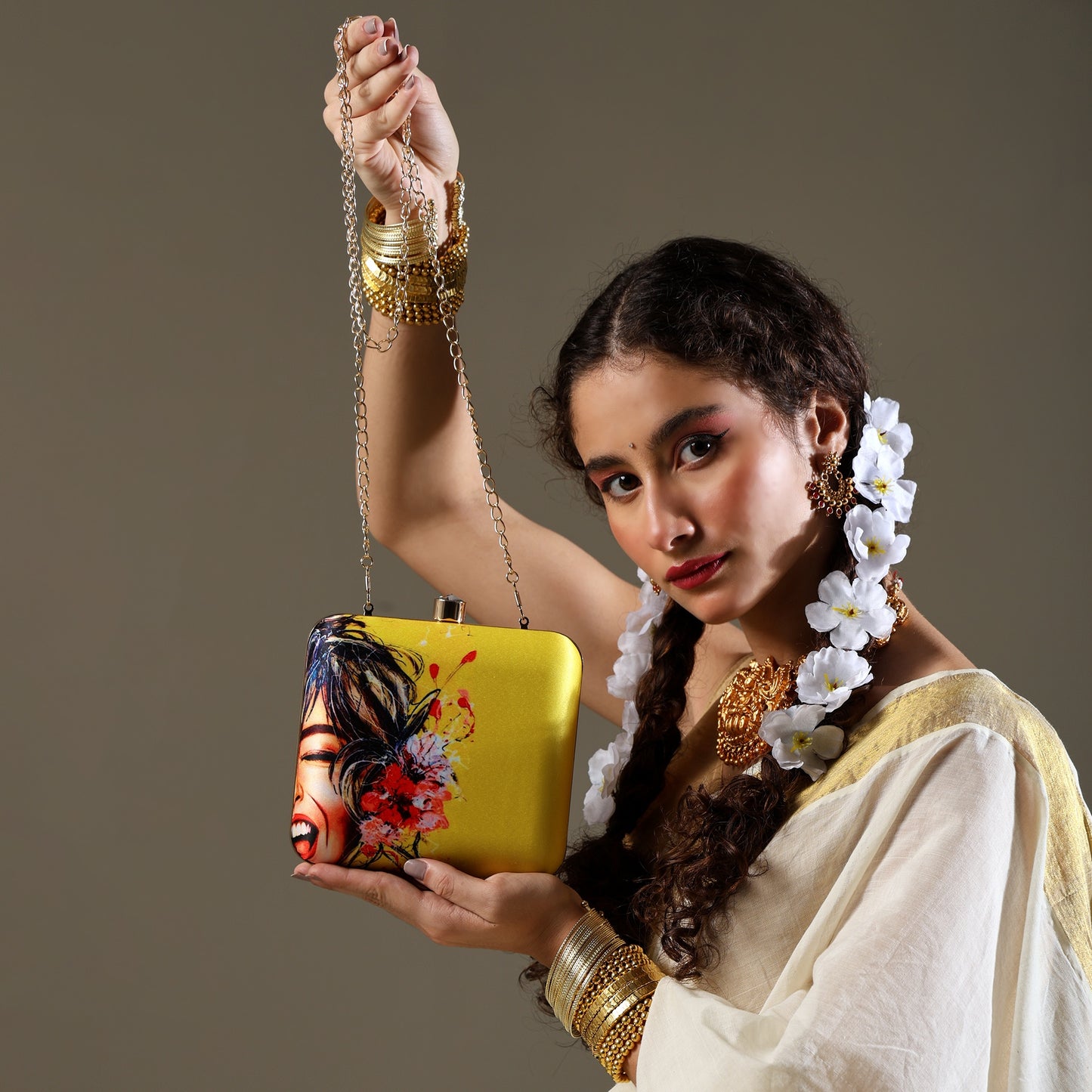 Zehar Laughter – Vibrant Yellow Clutch with Artistic Joy