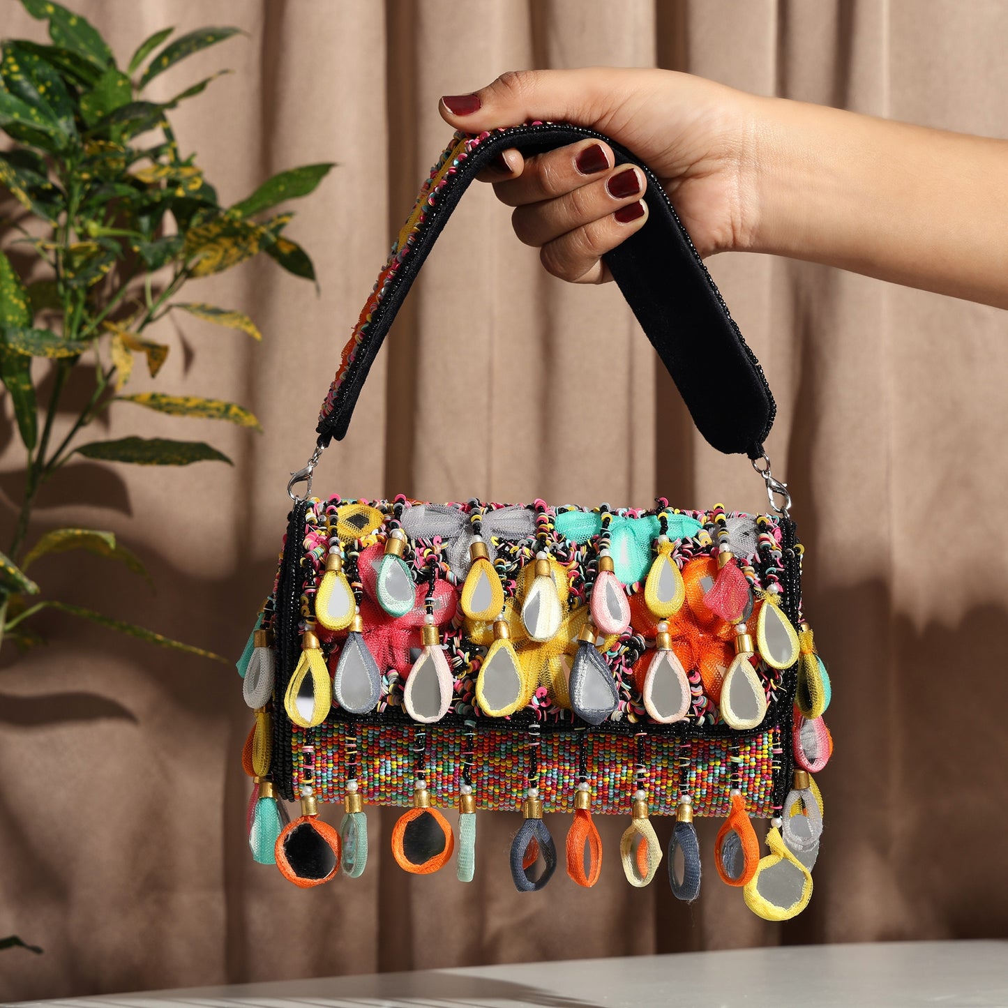 Banjara Beats – Multicolor Handcrafted Flap Bag | Boho-Chic Embellished Clutch with Fabric Drops & Beaded Handle