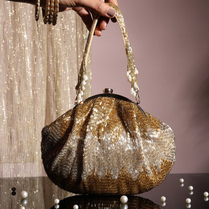 Heera Belle Hand-Beaded Batua Bag – Vintage-Inspired Party Clutch with Pearl Tassel Handle & Metal Frame Closure