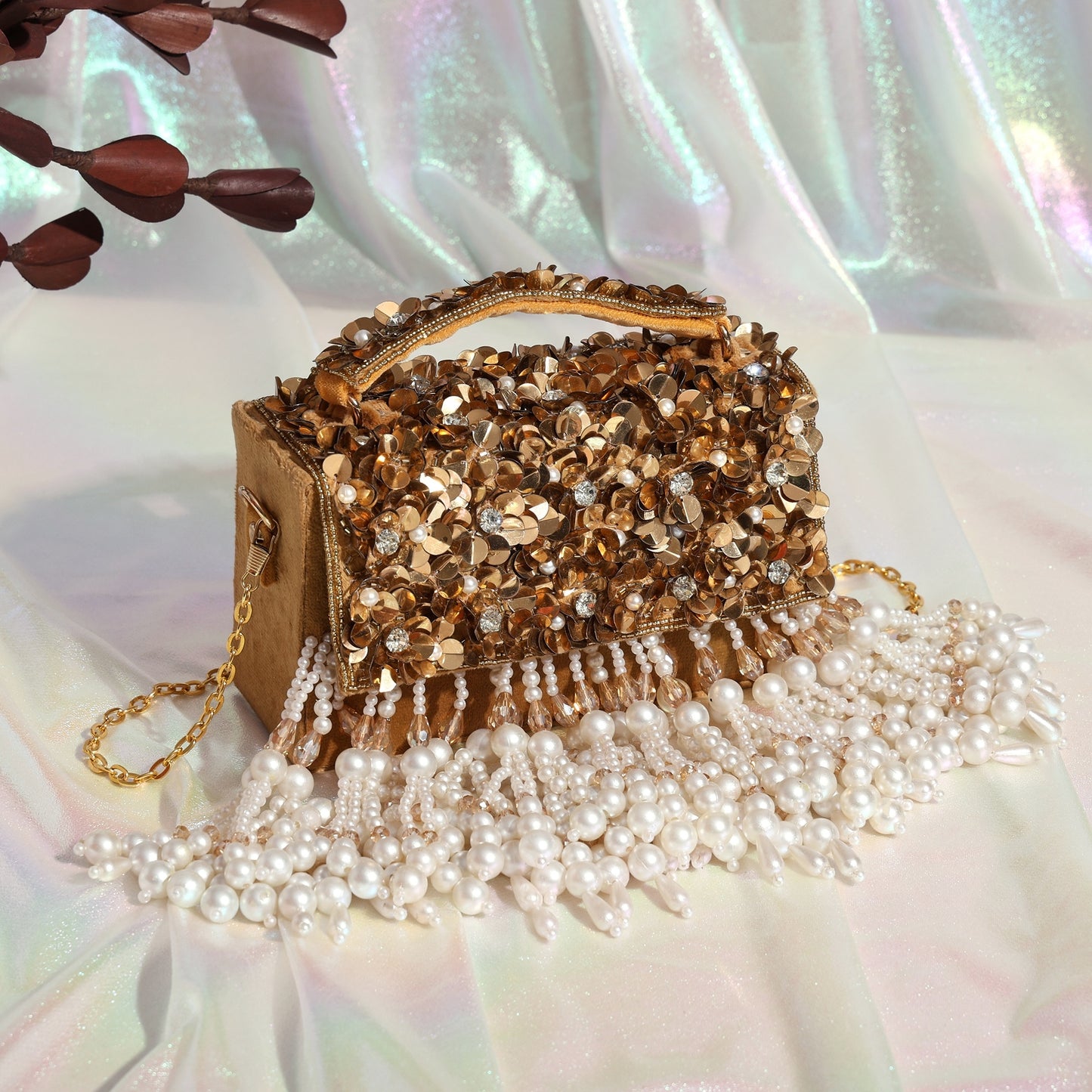 Phoolon Ki Rani Floral Flap Bag with Pearls & Gold Chain | Designer Bridal Flap Bag for Women