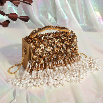 Phoolon Ki Rani Floral Flap Bag with Pearls & Gold Chain | Designer Bridal Flap Bag for Women